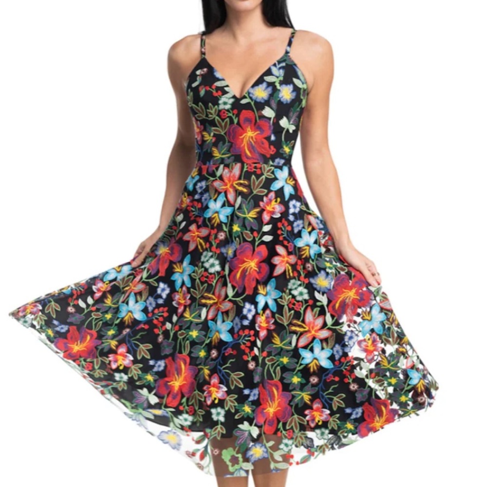 Dress the Population Black Dress with Multicolor Floral Embroidery